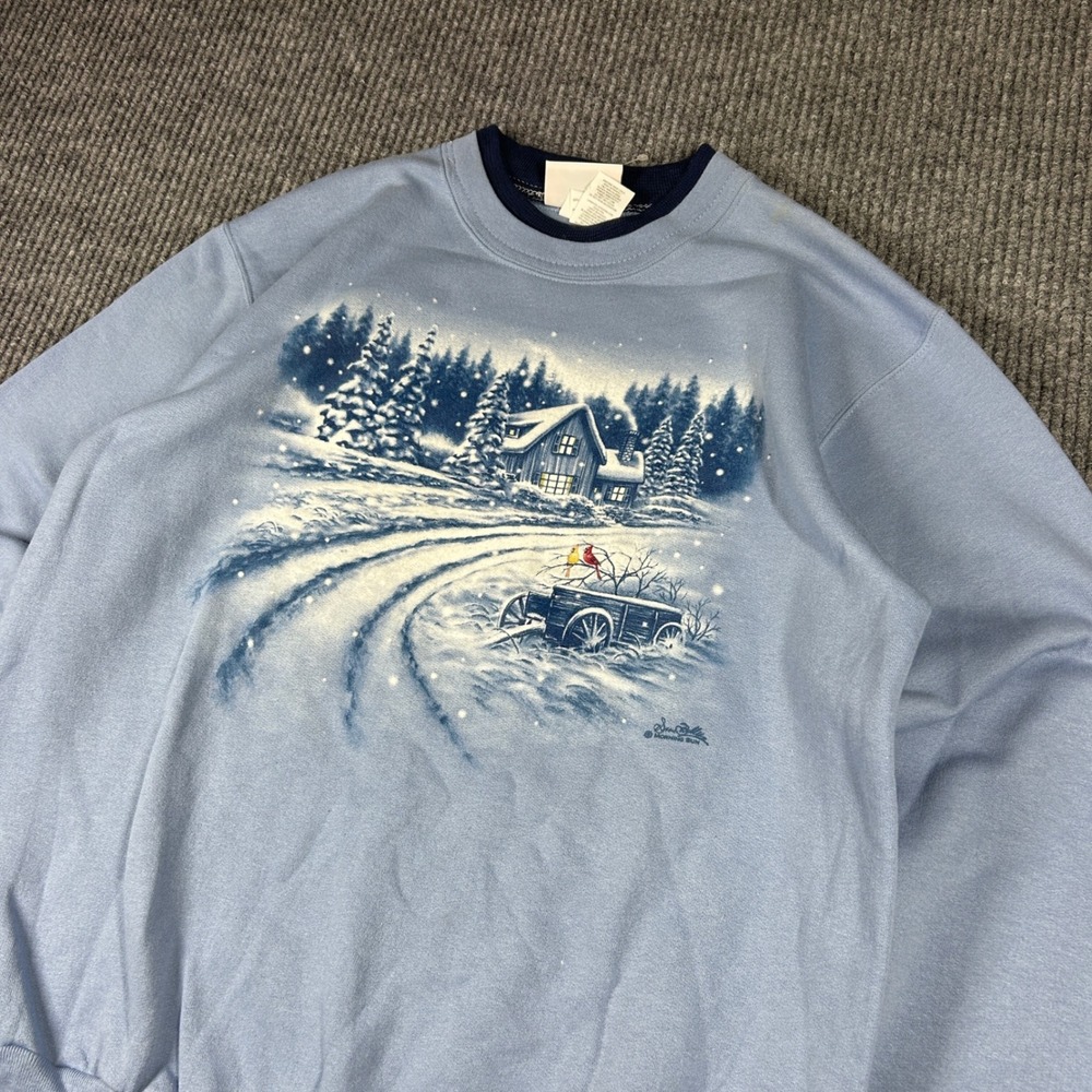 Vintage Morning Sun Sweatshirt Men's M Winter Cabin Scene Blue Double Collar